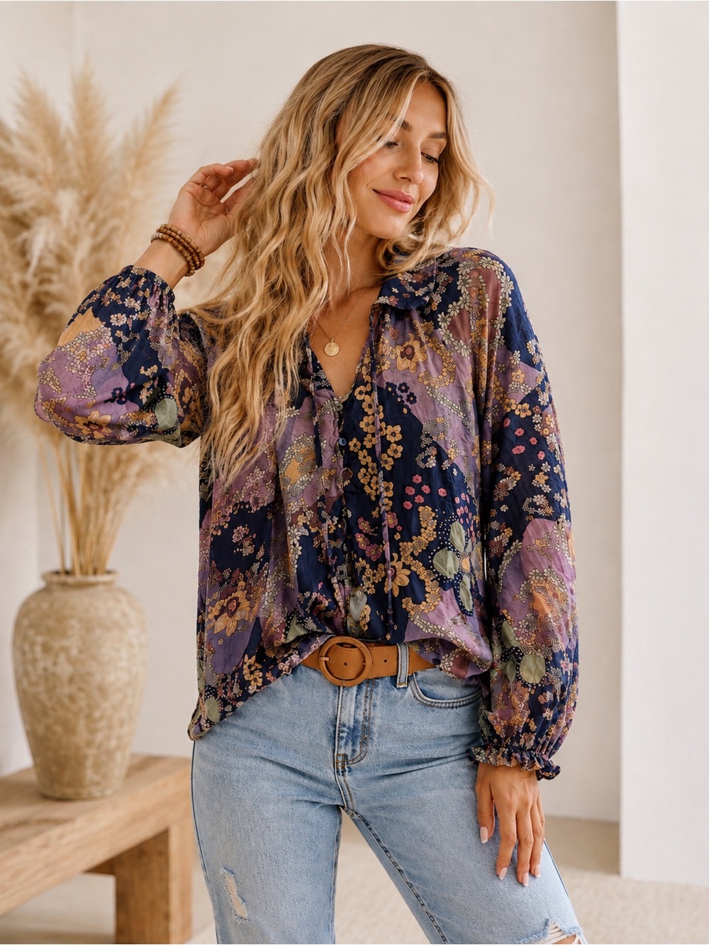 Anthropologie entro Navy and Purple Floral Boho Peasant Blouse